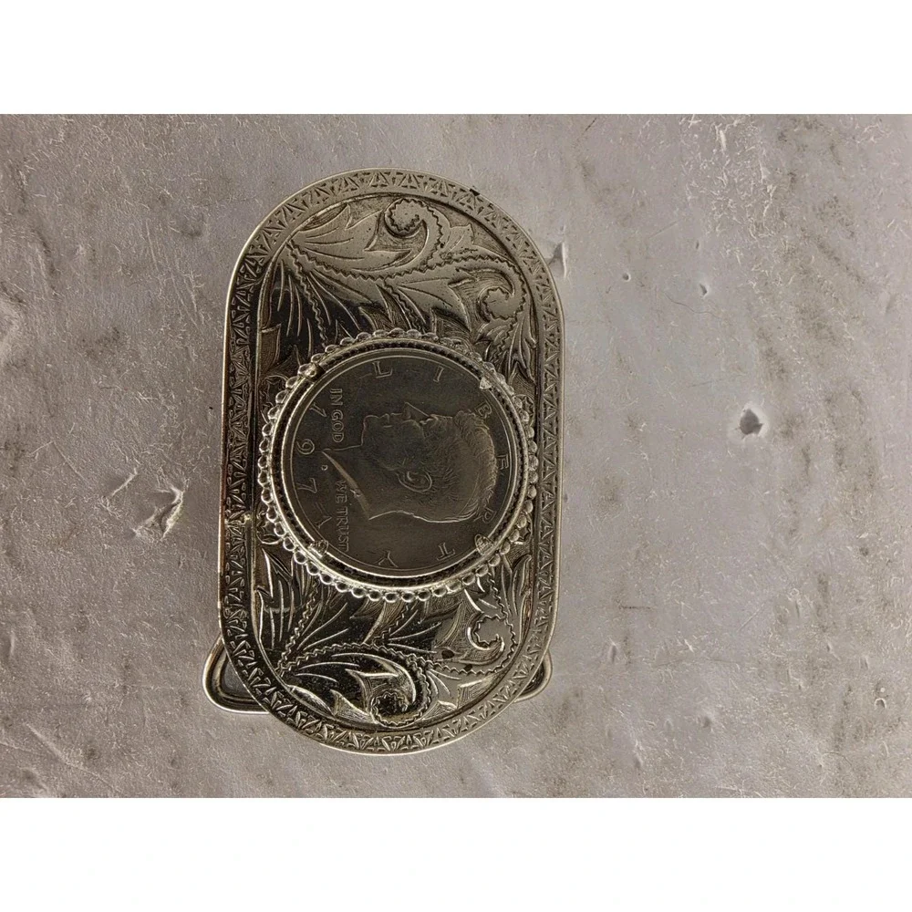 Western Belt Buckle 1971 Kennedy Half Dollar Coin Floral Engraved Vintage